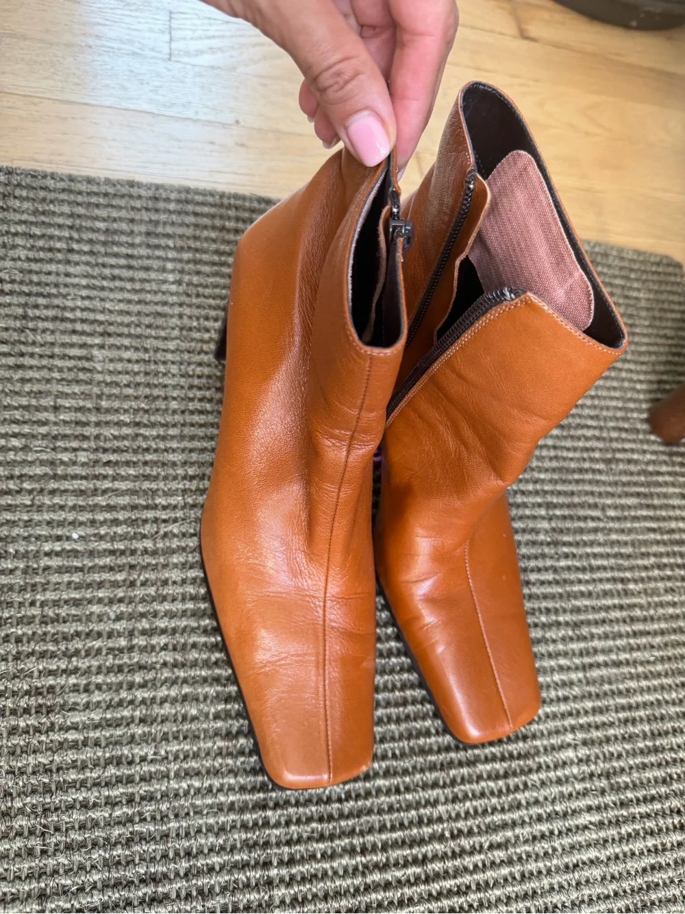 Anne Klein Cognac Leather Square-Toe Ankle Boots